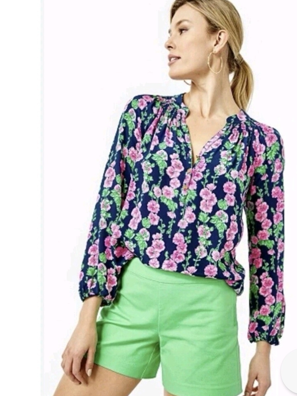 Lilly Pulitzer Navy Floral Peasant Blouse with Pink & Green Print